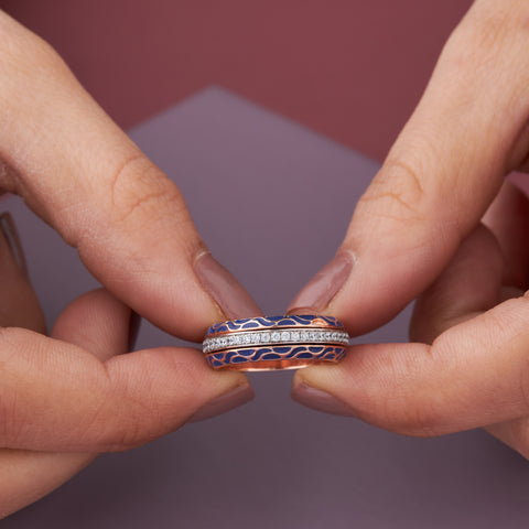 Blue Enamel Round Diamond Pave Band