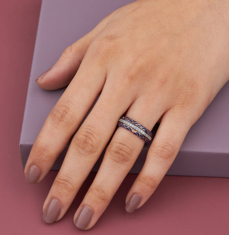 Blue Enamel Round Diamond Pave Band