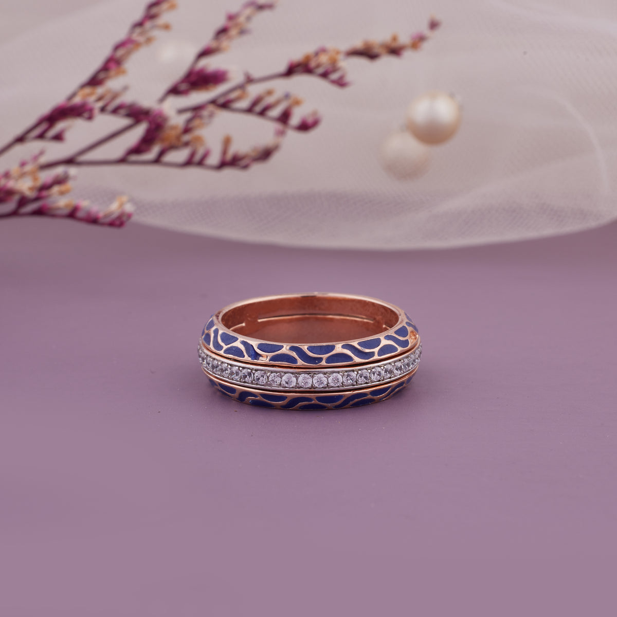 Blue Enamel Round Diamond Pave Band