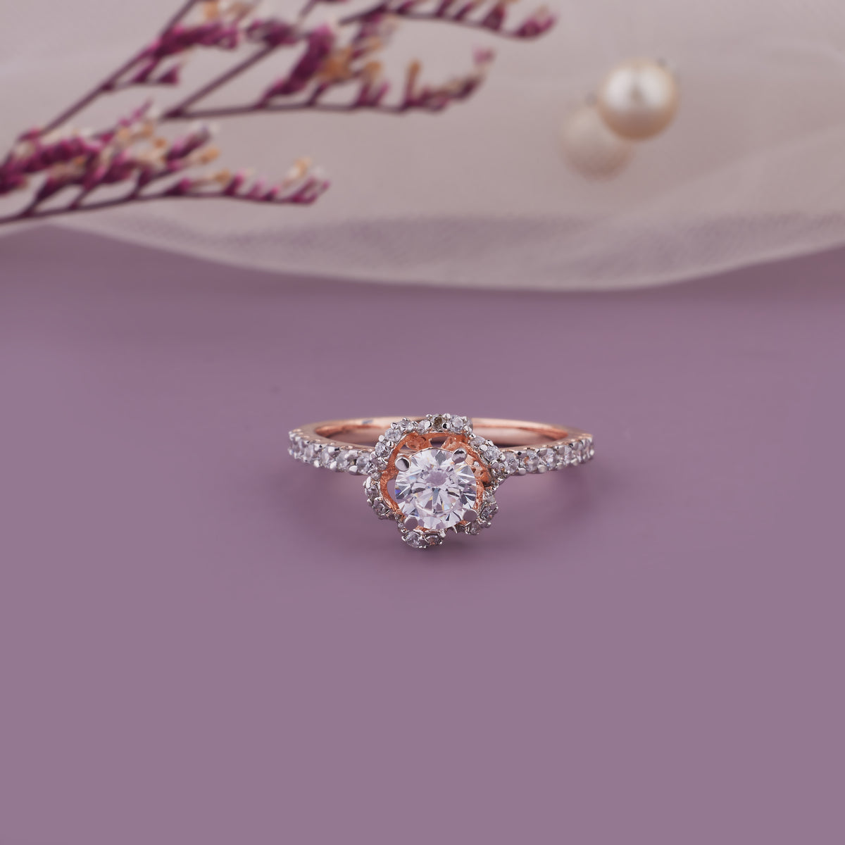 Round Diamond Floral Engagement Ring